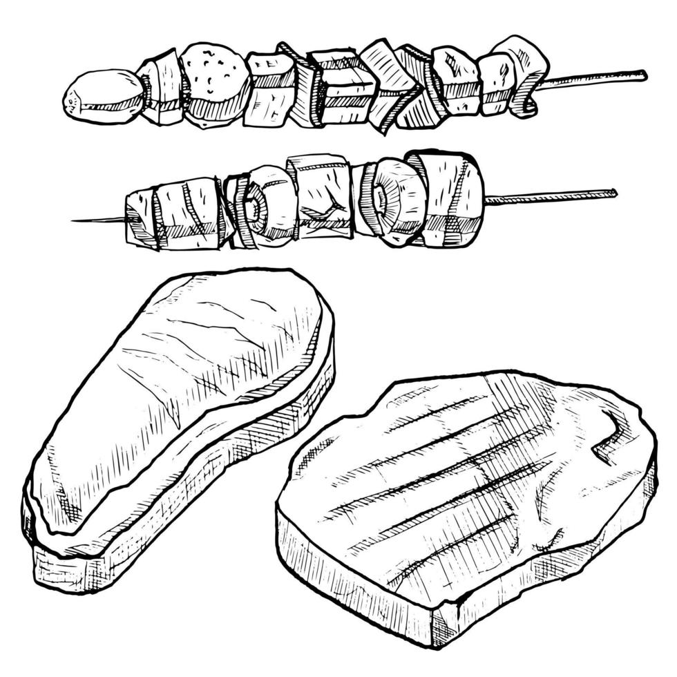 uppsättning av skiss och hand dragen biff kött och utegrill vektor
