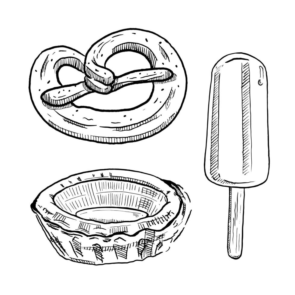 uppsättning av skiss och hand dragen ljuv efterrätt meny pretzel syrlig och isglass vektor