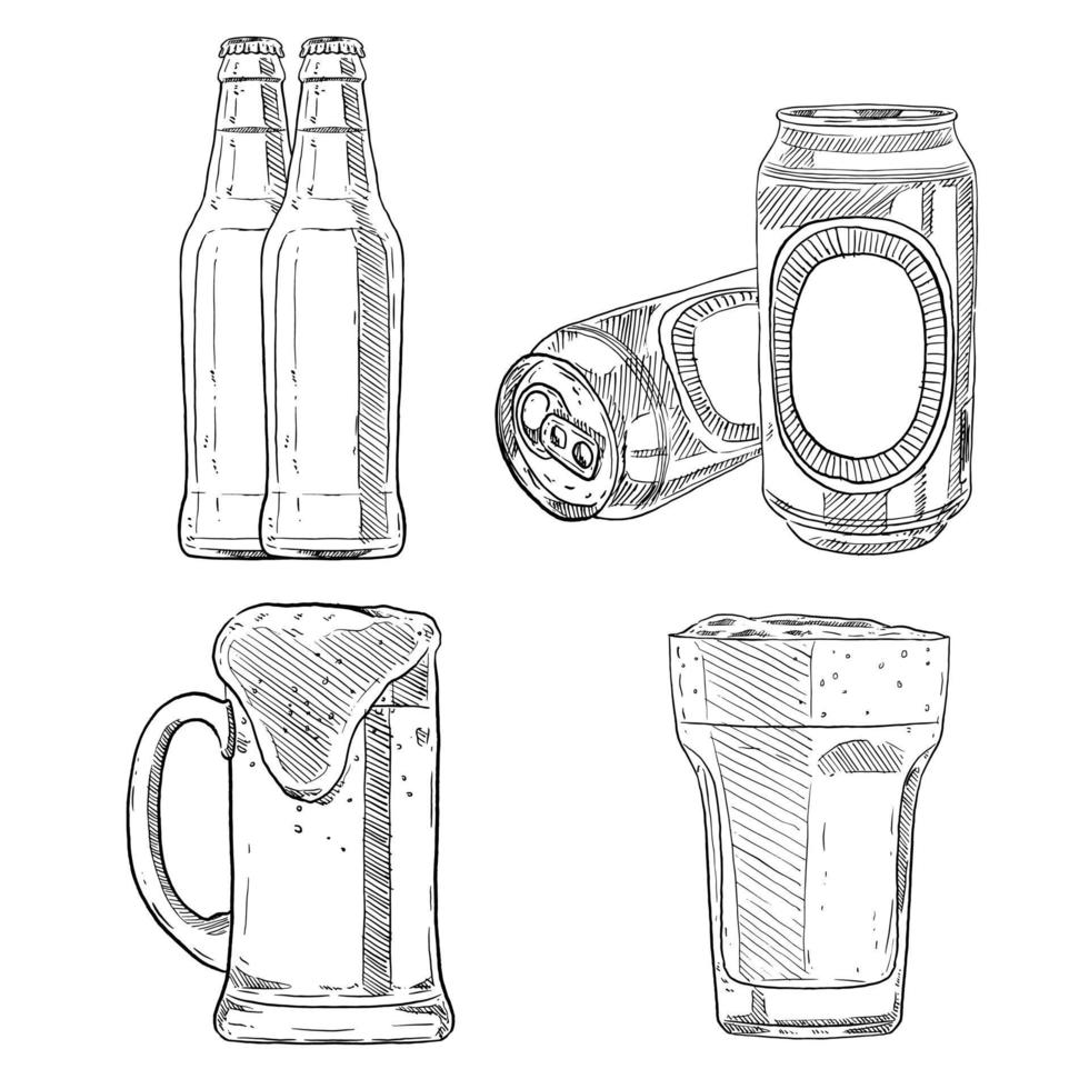 Set aus Skizze und handgezeichnetem Element Bier Pint Dose und Flaschensammlungsset vektor