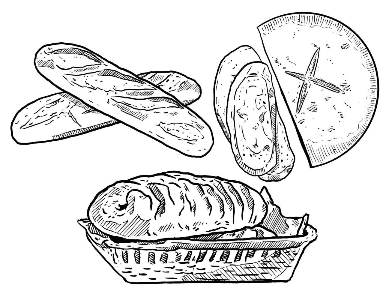 uppsättning av skiss och hand dragen bröd och bagutte element uppsättning vektor