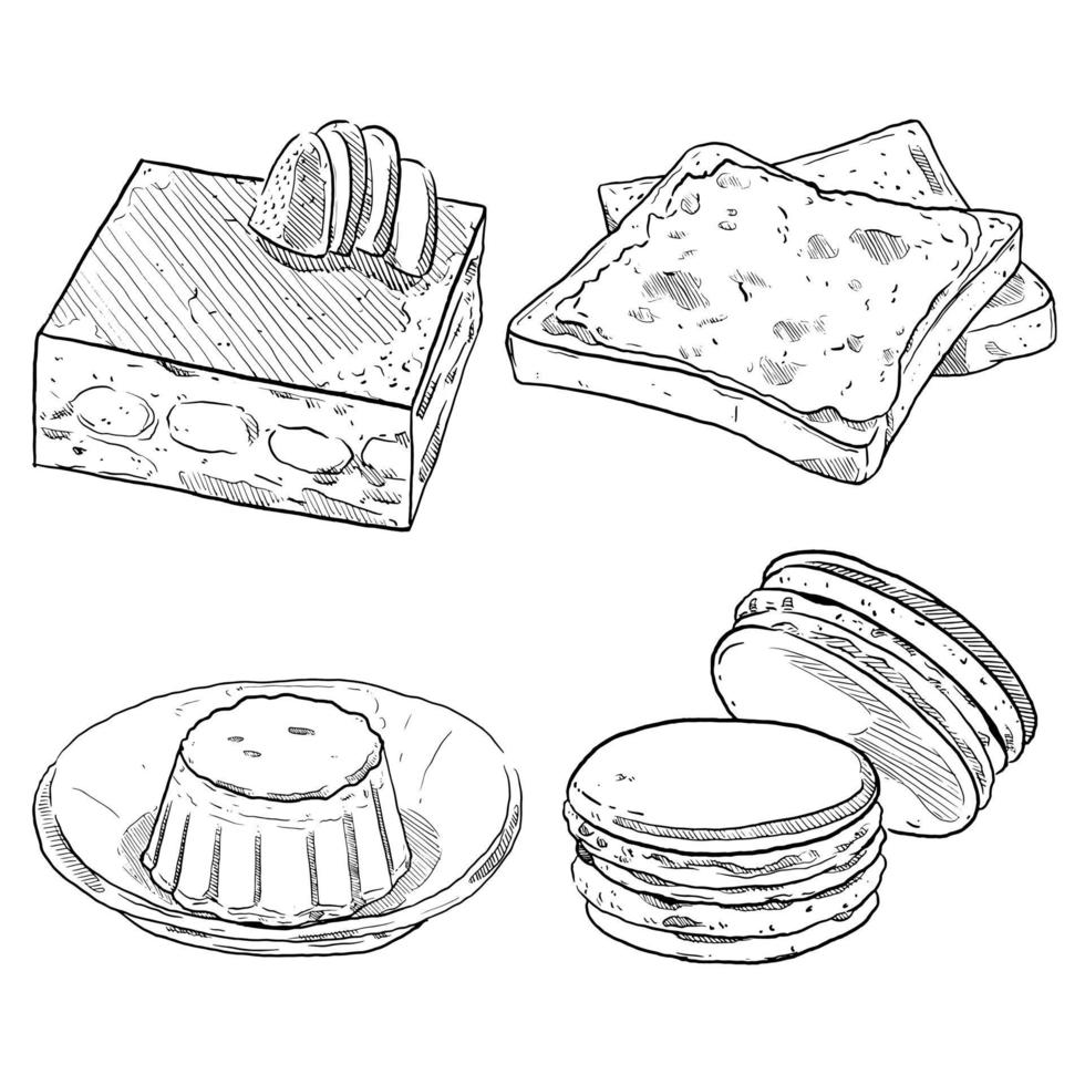 satz skizze und handgezeichnete süße dessertkarte toast tiramisu pudding und makronen vektor