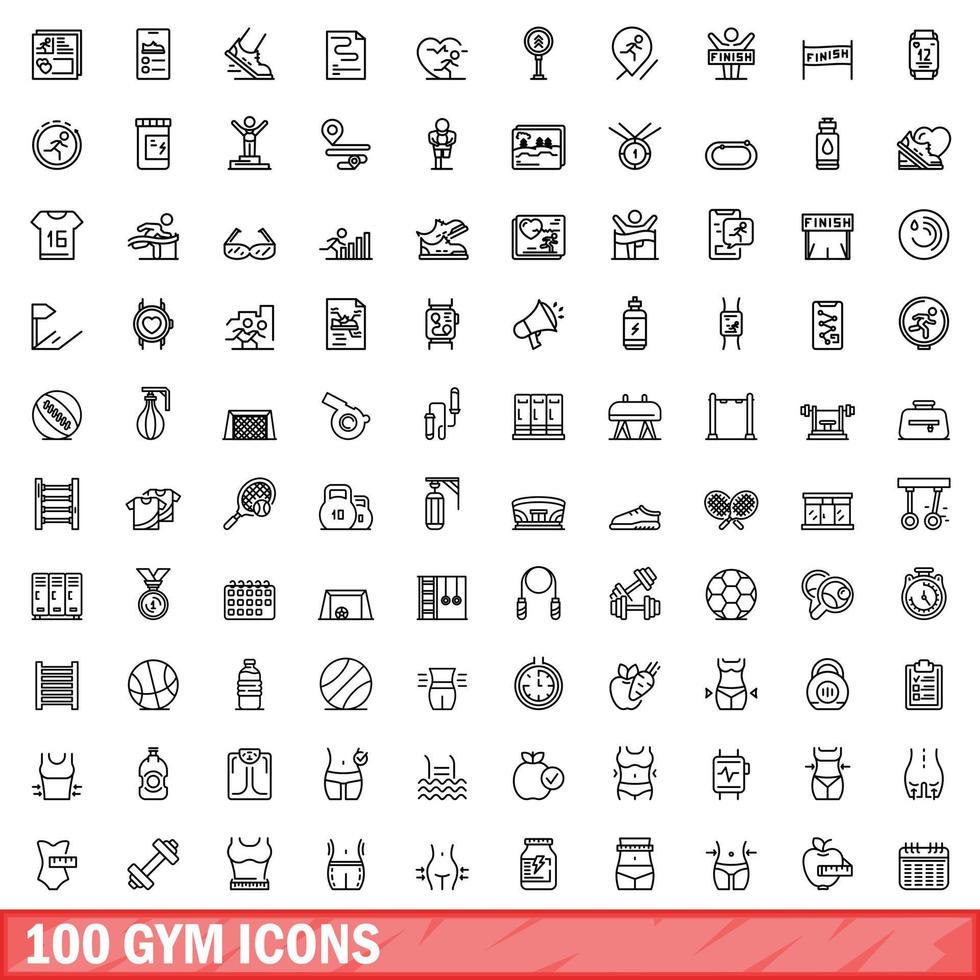 100 Fitness-Icons gesetzt, Umrissstil vektor