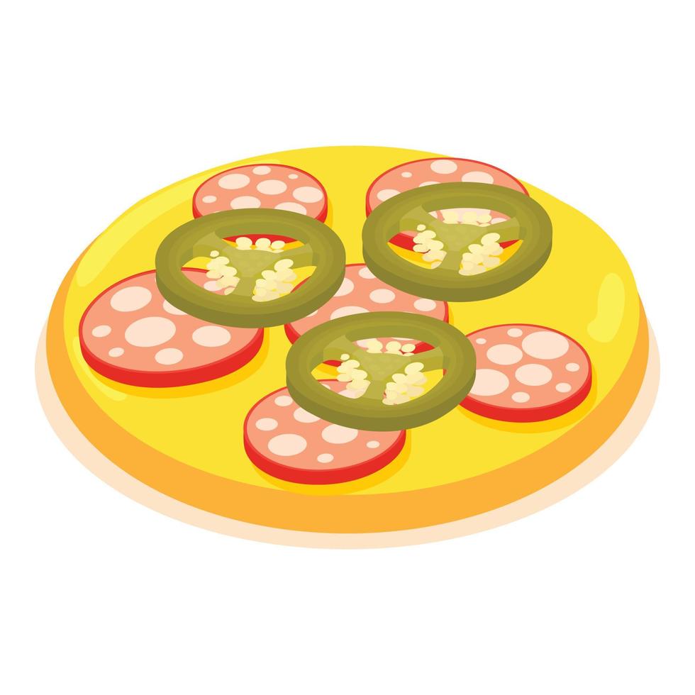 isometrischer vektor der peperoni-pizza-ikone. frische pizza mit wurst auf holzplatte