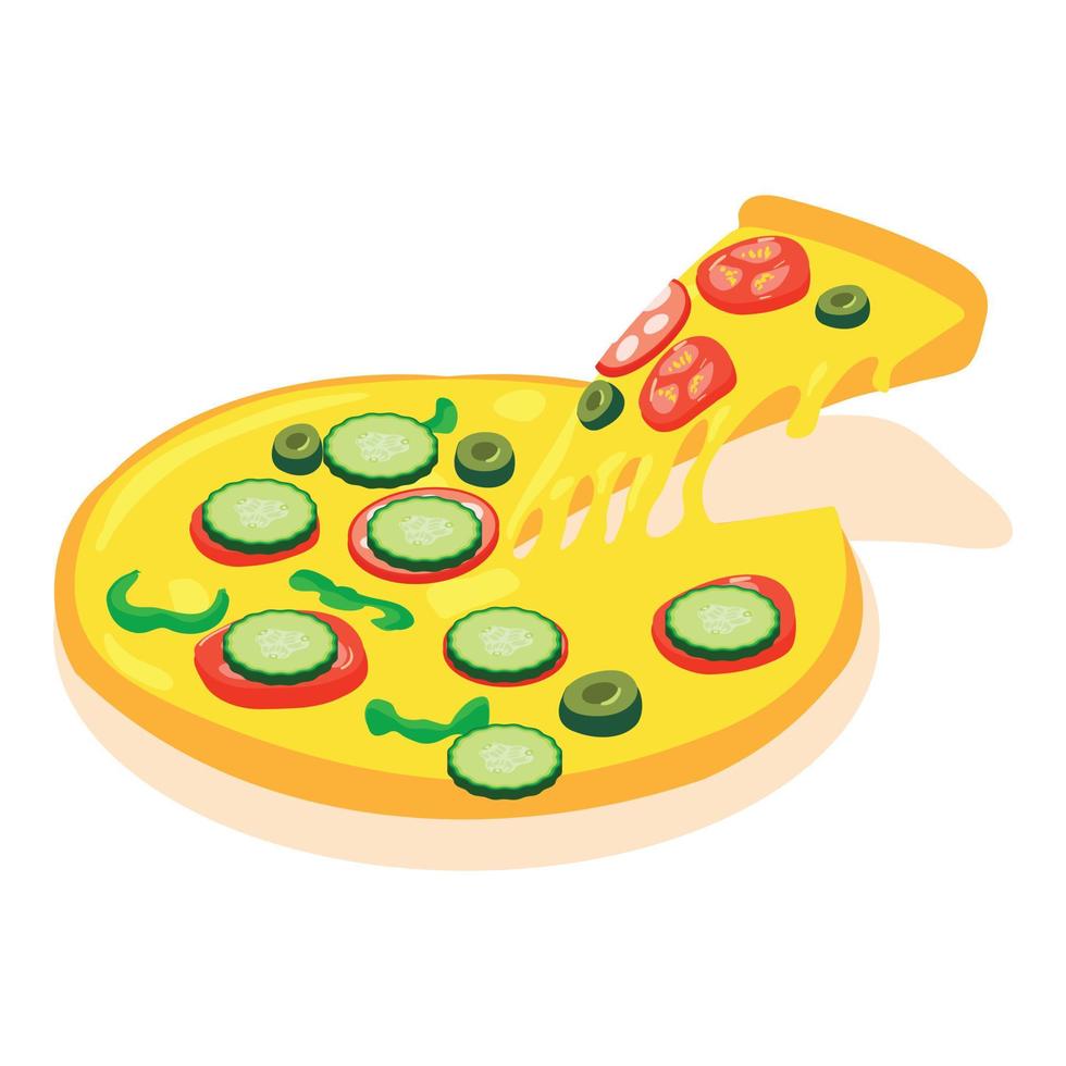 Isometrischer Vektor der traditionellen Pizzaikone. frische Pizza mit Wurst und Gemüse