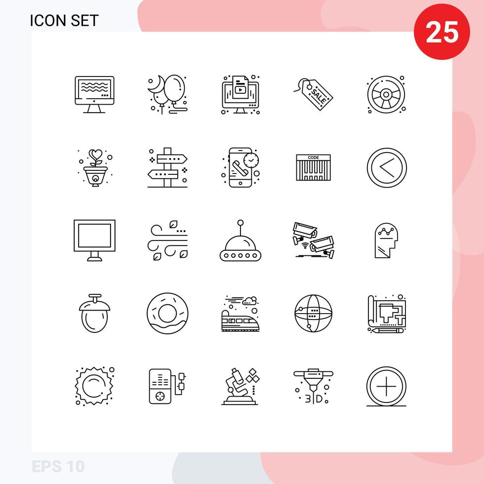 Gruppe von 25 modernen Linien, die für editierbare Vektordesign-Elemente des Spaßverkaufs-Computertags E-Commerce festgelegt werden vektor