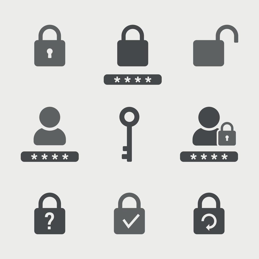 Passwort-Icon-Set. Kontoschutz, Sicherheitsschlüssel, Gefahrenwarnung, falsches Passwort. Gestaltungselement. Vektor-Illustration vektor