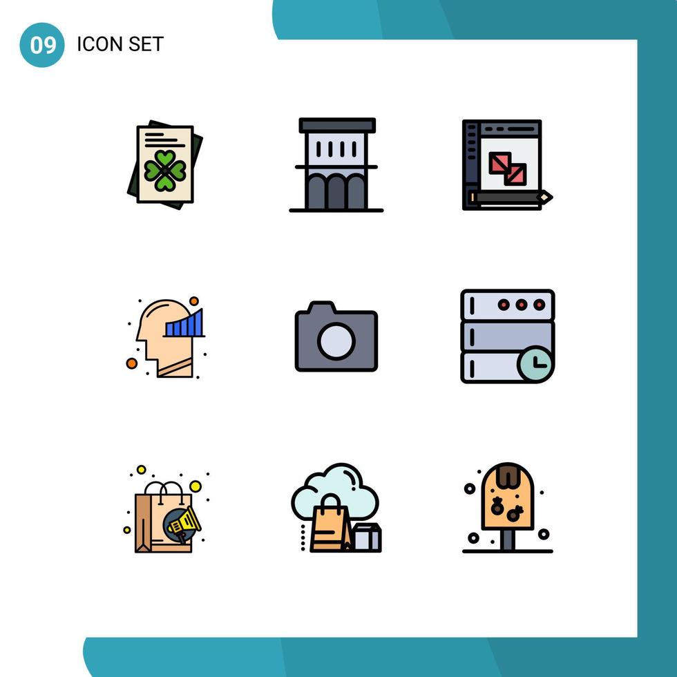Gruppe von 9 modernen Filledline-Flachfarben, die für die Codierung des menschlichen Verstandes der Kamera gesetzt werden, editierbare Vektordesign-Elemente vektor