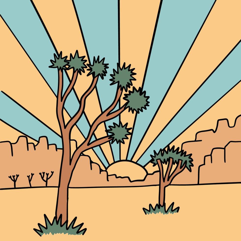 Landschaft des Joshua-Tree-Nationalparks. hand gezeichnete lineare vektorillustration. Retro-einfacher Hintergrund. vektor