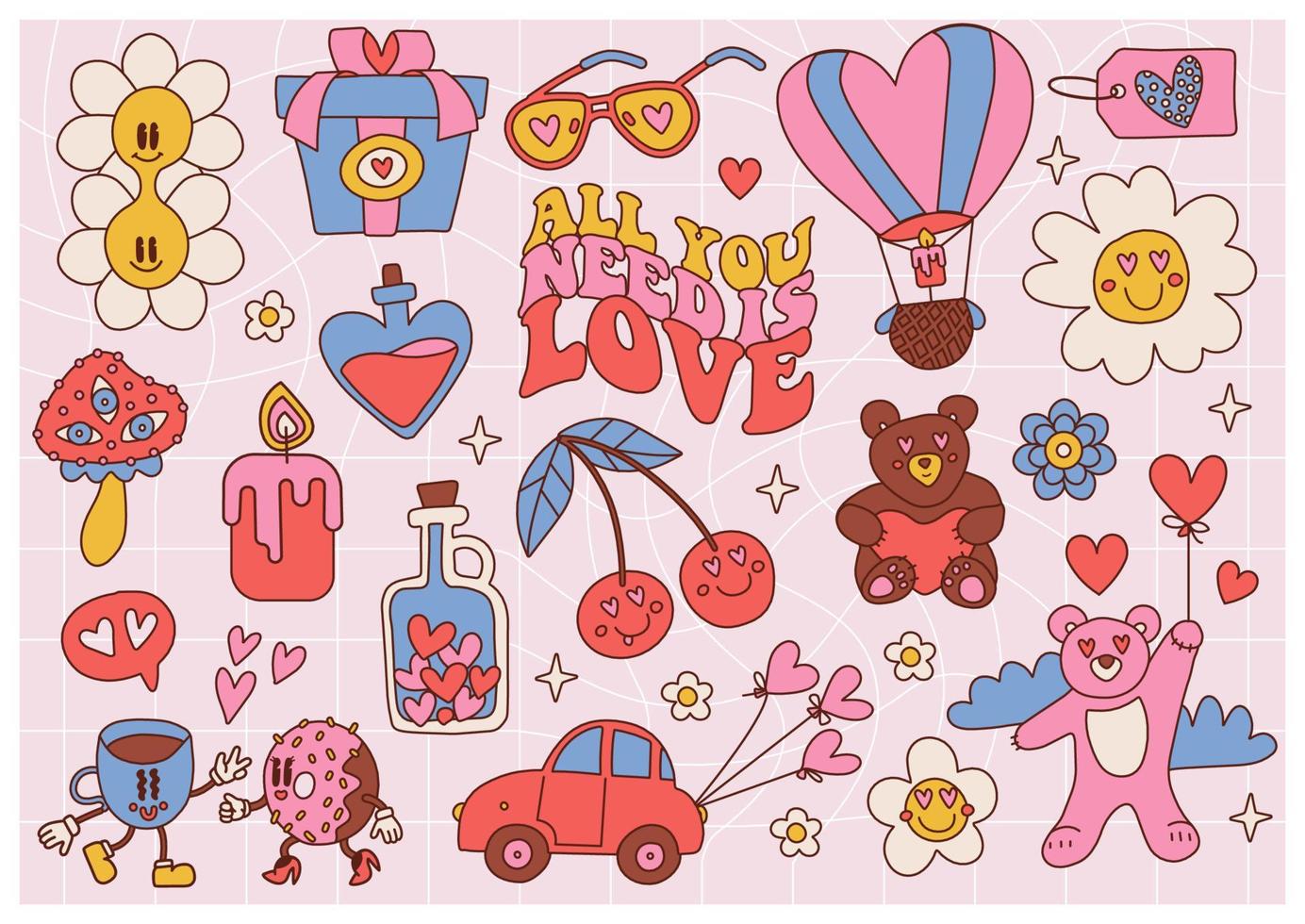 satz von st valentine groove retro cartoon cliparts für postkarten, einladungen. 14. Februar Hippie-Spaßelemente. herzen, luftballons, kirsche, blumen, emoji, schriftzug im stil der 70er jahre. Vektor-Illustration. vektor