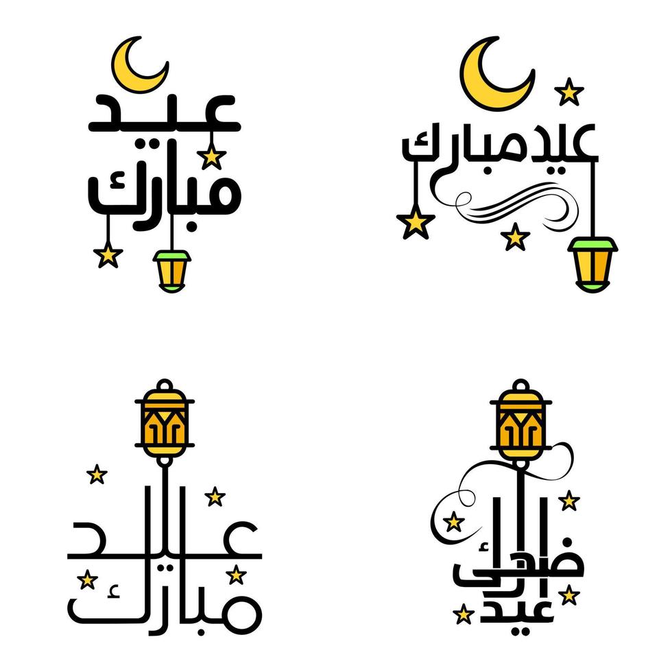 eid mubarak handskriven text vektor packa av 4 kalligrafi med stjärnor isolerat på vit bakgrund för din design