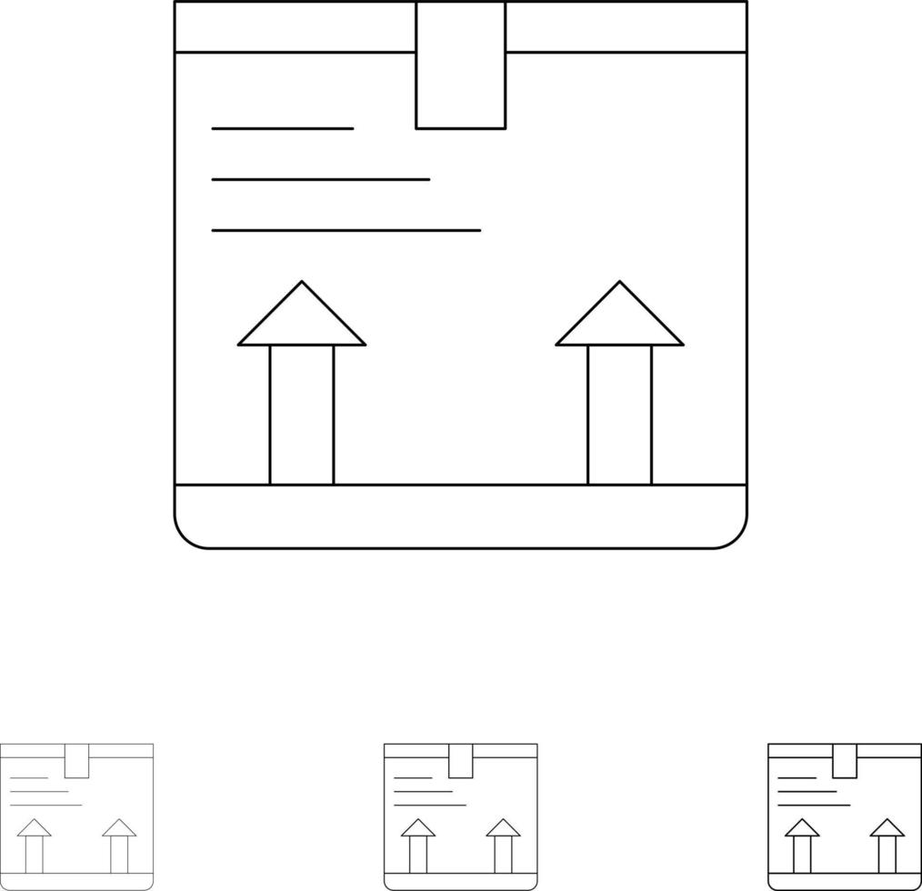 leverera låda pil upp djärv och tunn svart linje ikon uppsättning vektor