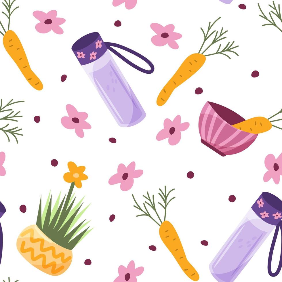 vegetarian sömlös mönster med morötter, blommor och Övrig. rolig tecknad serie stil. vektor