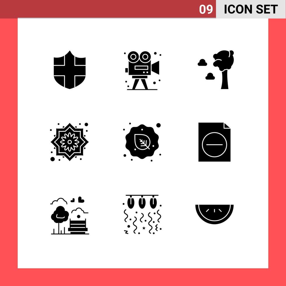 Gruppe von 9 modernen soliden Glyphen, die für Rohkost festgelegt wurden, Laube, hübsche Blume, dekorative, editierbare Vektordesign-Elemente vektor
