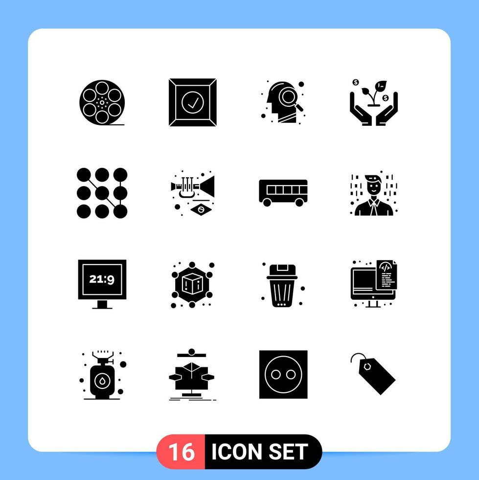 modern uppsättning av 16 fast glyfer och symboler sådan som instrument mönster förstorande glas låsa investera redigerbar vektor design element