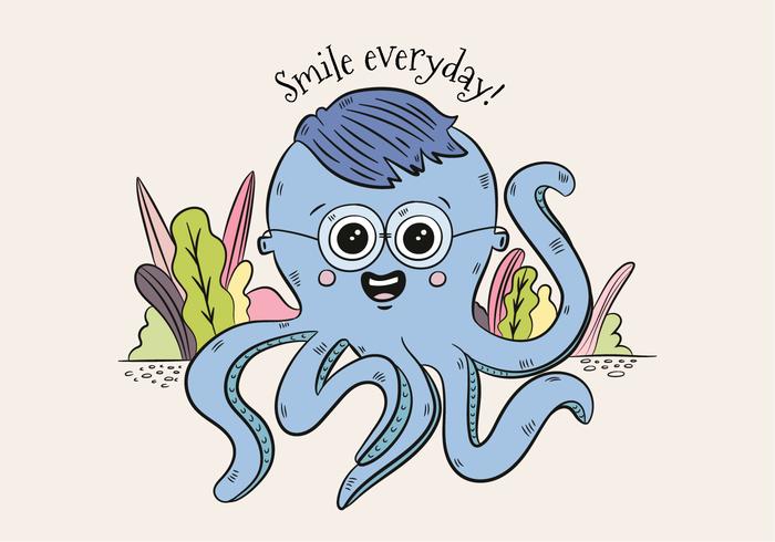 Cute Blue Octopus Charakter Tragen Gläser Und Saying Smile vektor