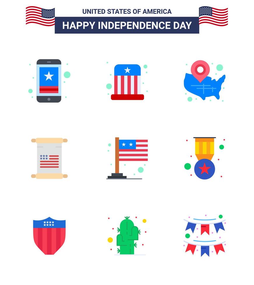 Packung mit 9 USA-Unabhängigkeitstag-Feierwohnungsschildern und 4. Juli-Symbolen wie USA-Text-Hut-Schriftrolle Wisconsin editierbare USA-Tag-Vektordesign-Elemente vektor