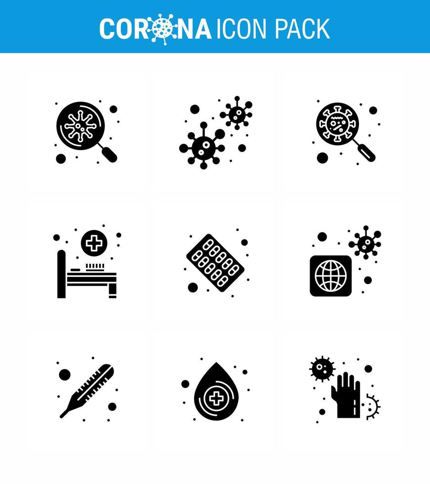 9 fast glyf svart coronavirus sjukdom och förebyggande vektor ikon medicinsk rum säng virus virus interfac viral coronavirus 2019 nov sjukdom vektor design element