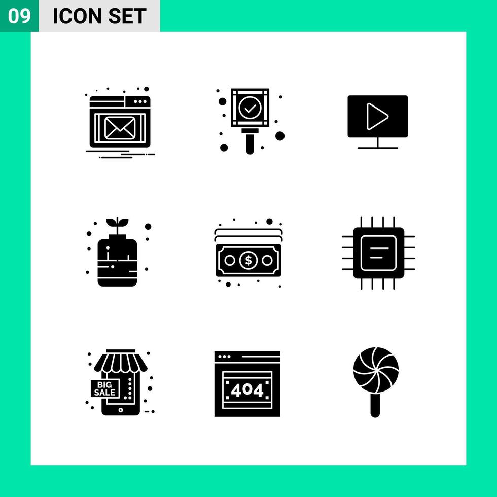 Packung mit 9 soliden Stil-Icon-Sets. Glyphensymbole für den Druck. kreative zeichen lokalisiert auf weißem hintergrund. 9 Symbolsatz. vektor