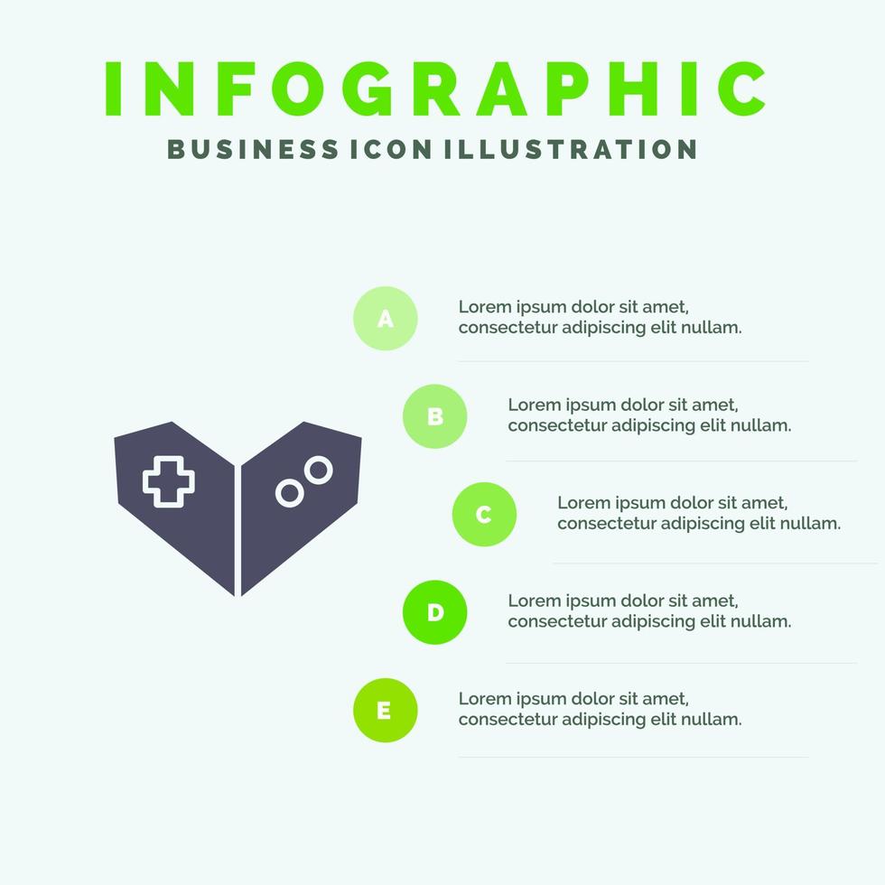 Gamepad Videospiel Playstation solides Symbol Infografiken 5 Schritte Präsentationshintergrund vektor