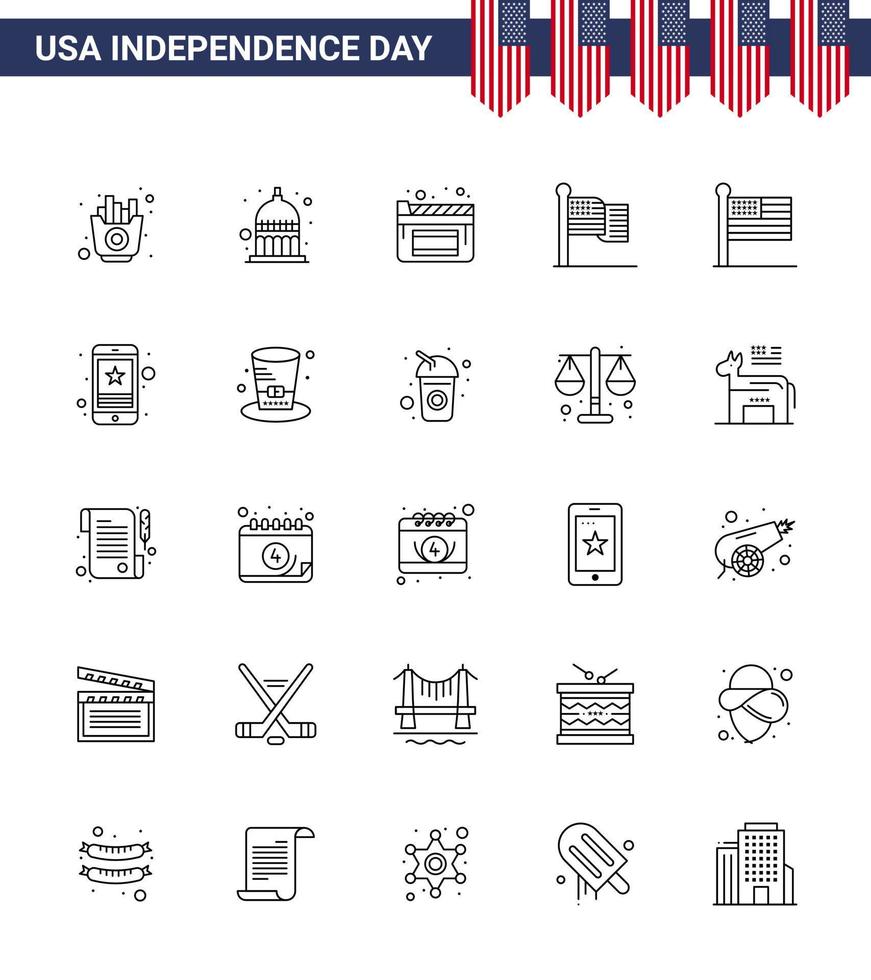 Packung mit 25 kreativen USA-Unabhängigkeitstag-bezogenen Linien von United Flag Cinema USA-Flagge editierbare USA-Tag-Vektordesign-Elemente vektor