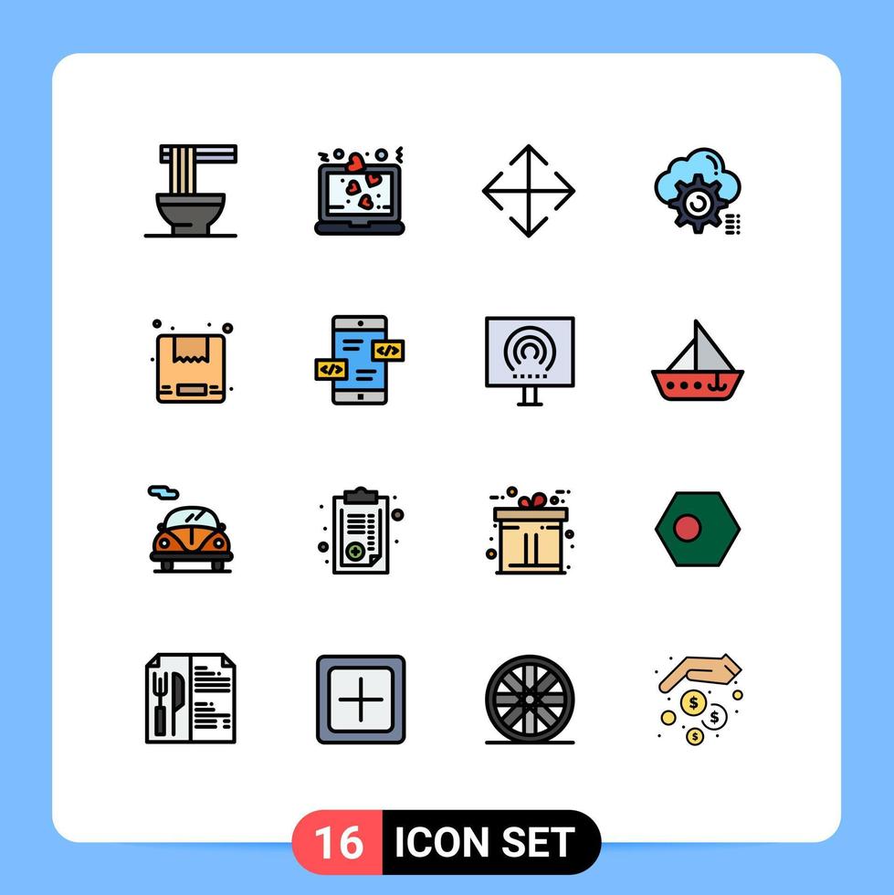 moderner satz von 16 flachen farbgefüllten linien und symbolen wie lieferung konfigurieren pfeil computereinstellung editierbare kreative vektordesignelemente vektor