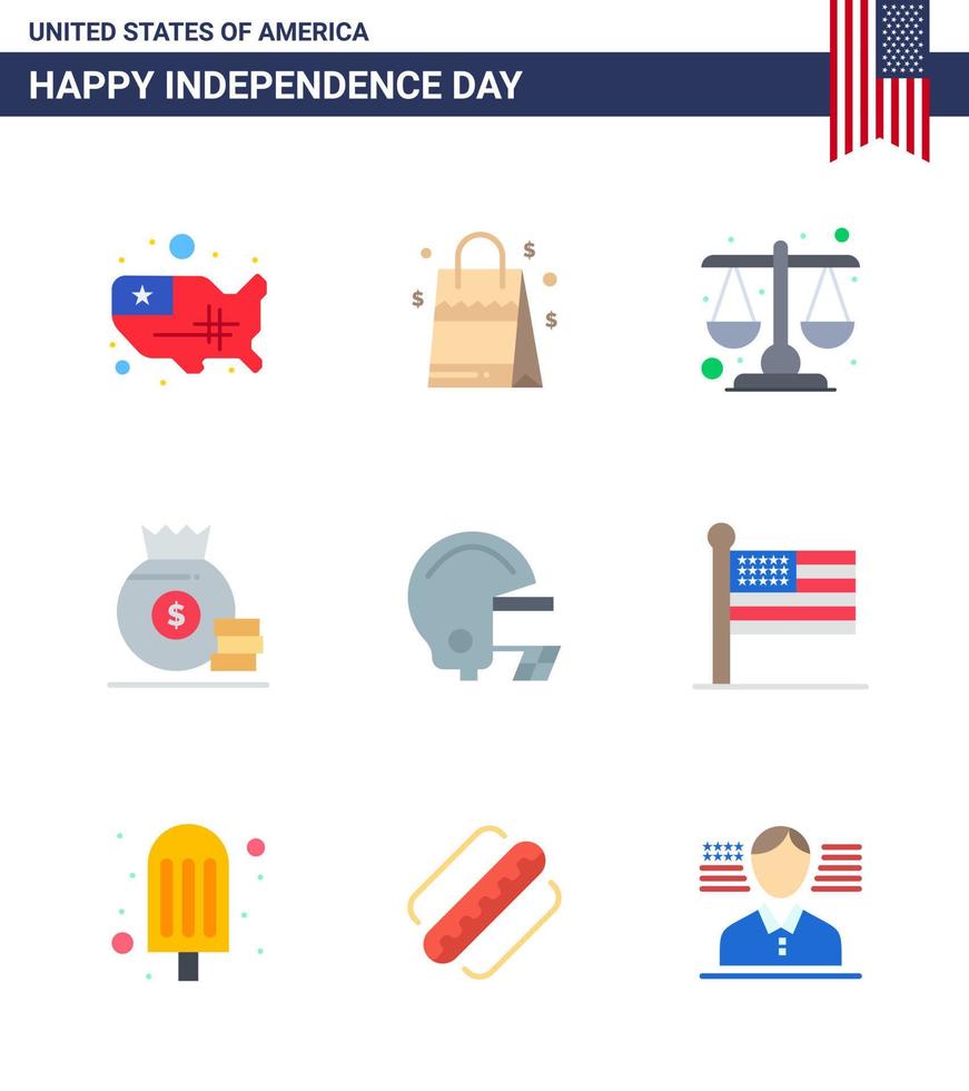 Usa Happy Independence DayPiktogrammsatz von 9 einfachen Wohnungen des Fußballs American Court Geld Dollar editierbare Usa Day Vektordesign-Elemente vektor