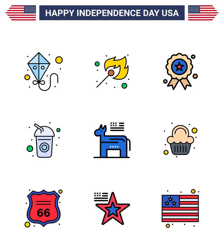 Lycklig oberoende dag 4:e juli uppsättning av 9 platt fylld rader amerikan pictograph av politisk åsna oberoende soda cola redigerbar USA dag vektor design element