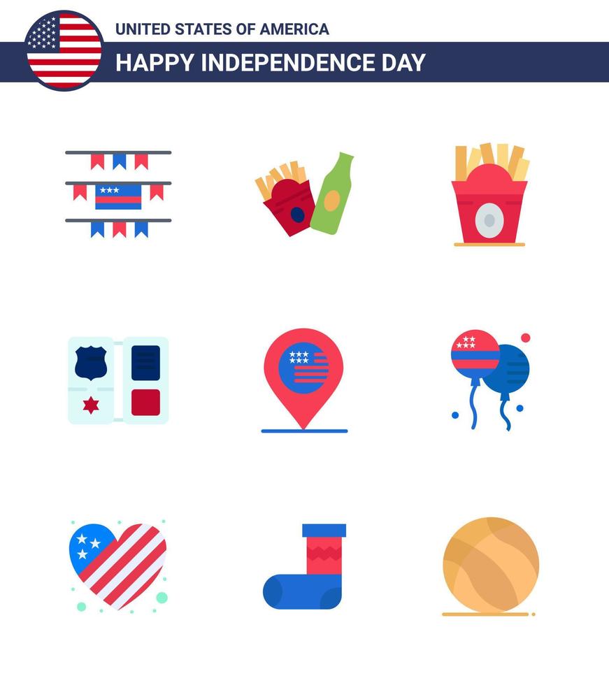 Usa Happy Independence Day Piktogrammsatz von 9 einfachen Wohnungen mit Zeichen Ort Essen amerikanisch Amerikaner editierbare Usa Day Vektordesign-Elemente vektor