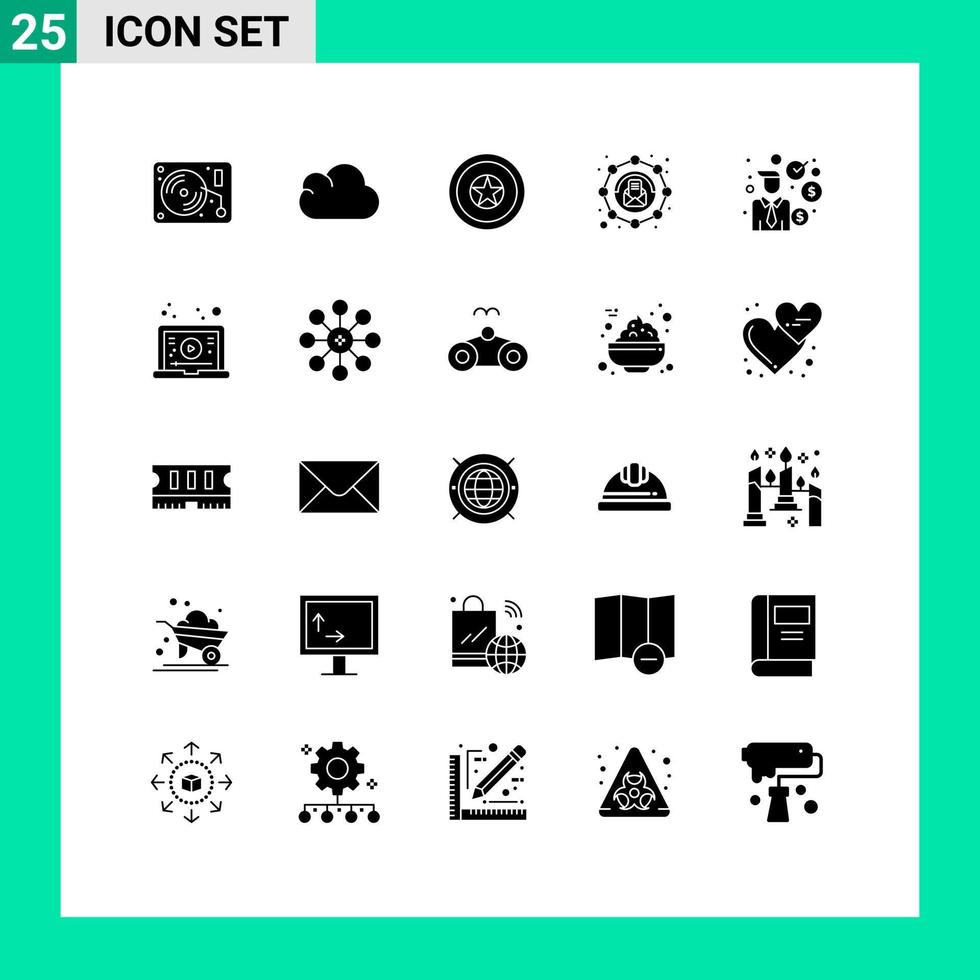 uppsättning av 25 vektor fast glyfer på rutnät för investerare affärsman oberoende meddelande e-post redigerbar vektor design element