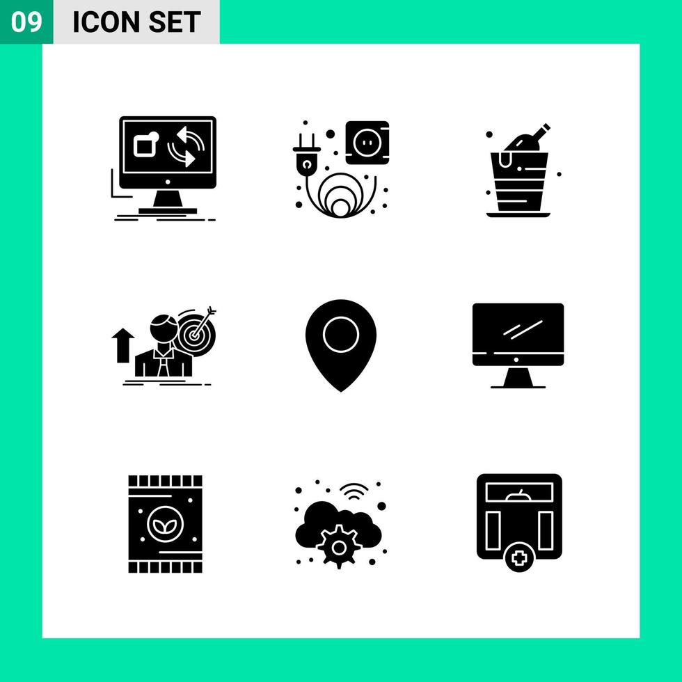 Packung mit 9 soliden Stil-Icon-Sets. Glyphensymbole für den Druck. kreative zeichen lokalisiert auf weißem hintergrund. 9 Symbolsatz. vektor