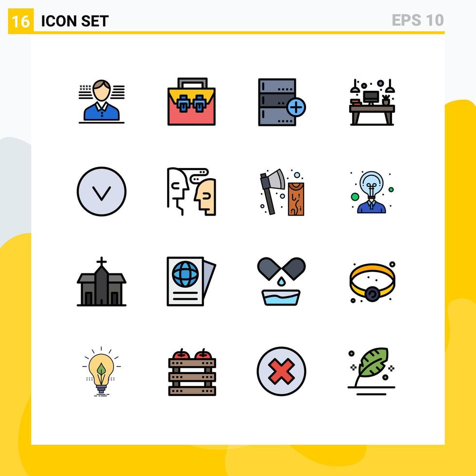 universell ikon symboler grupp av 16 modern platt Färg fylld rader av övervaka arbetsplats Lägg till interiör databas redigerbar kreativ vektor design element