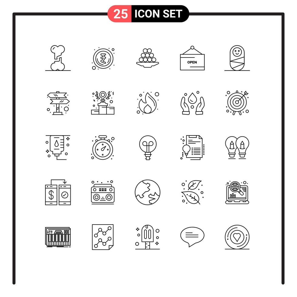universelle Symbolsymbole Gruppe von 25 modernen Linien von Schildern und Delikatessenhandel süße editierbare Vektordesign-Elemente vektor