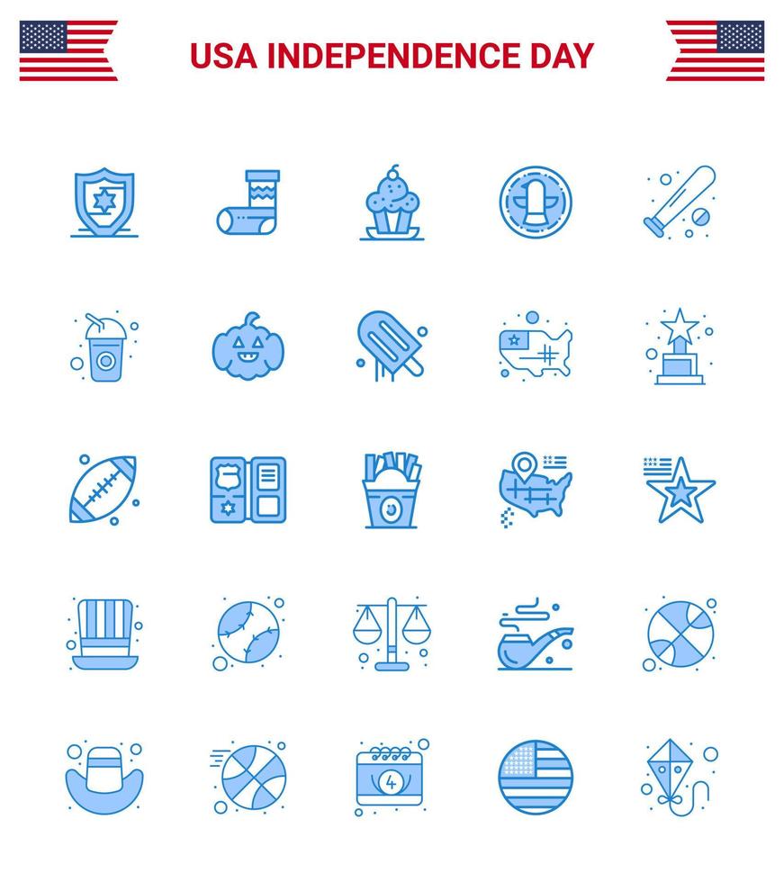 Happy Independence Day 25 Blues Icon Pack für Web und Print Baseball Eagle Dessert Celebration American Editable Usa Day Vector Design Elements