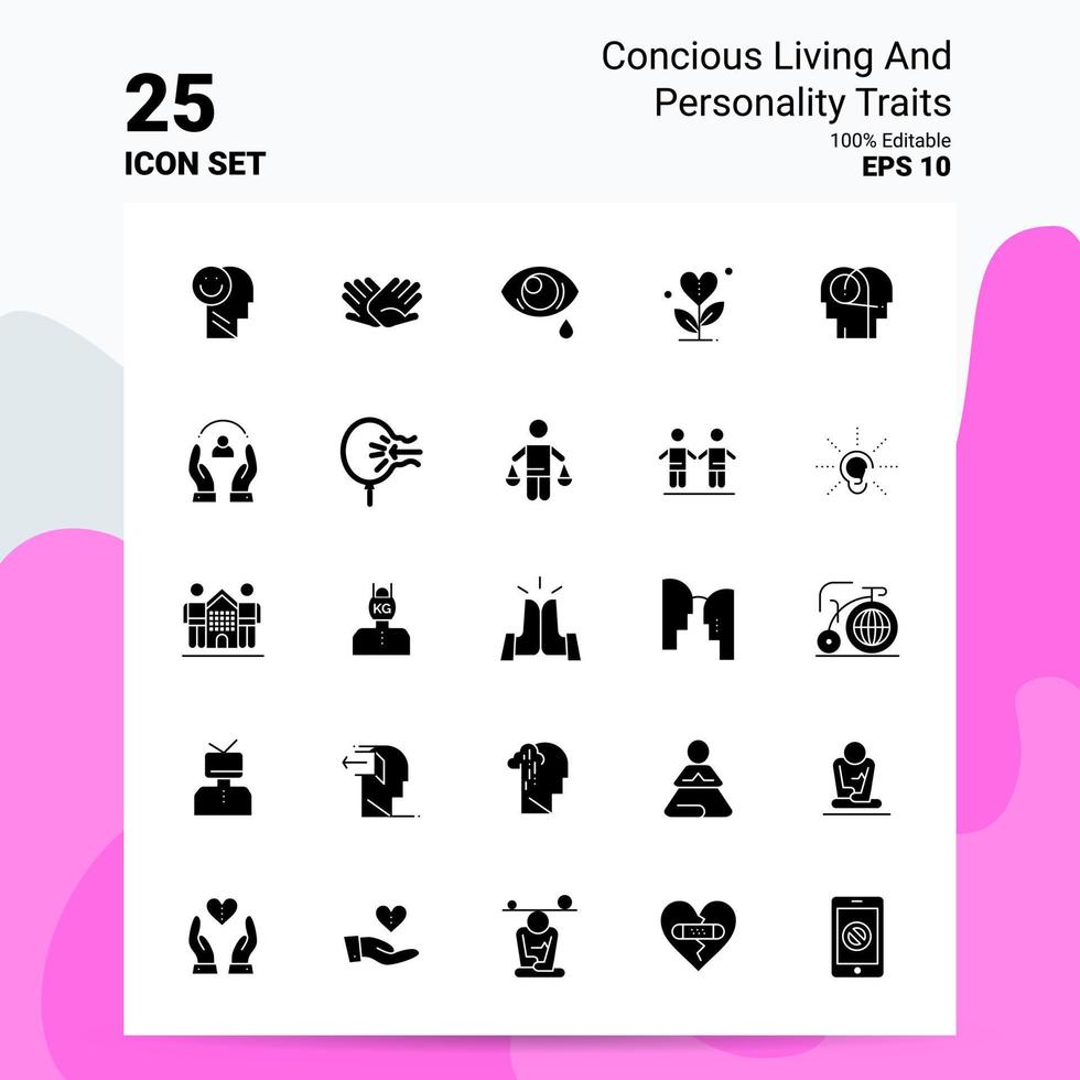 25 Icon-Set für bewusste Lebens- und Persönlichkeitsmerkmale 100 bearbeitbare eps 10-Dateien Geschäftslogo-Konzeptideen solides Glyphen-Icon-Design vektor