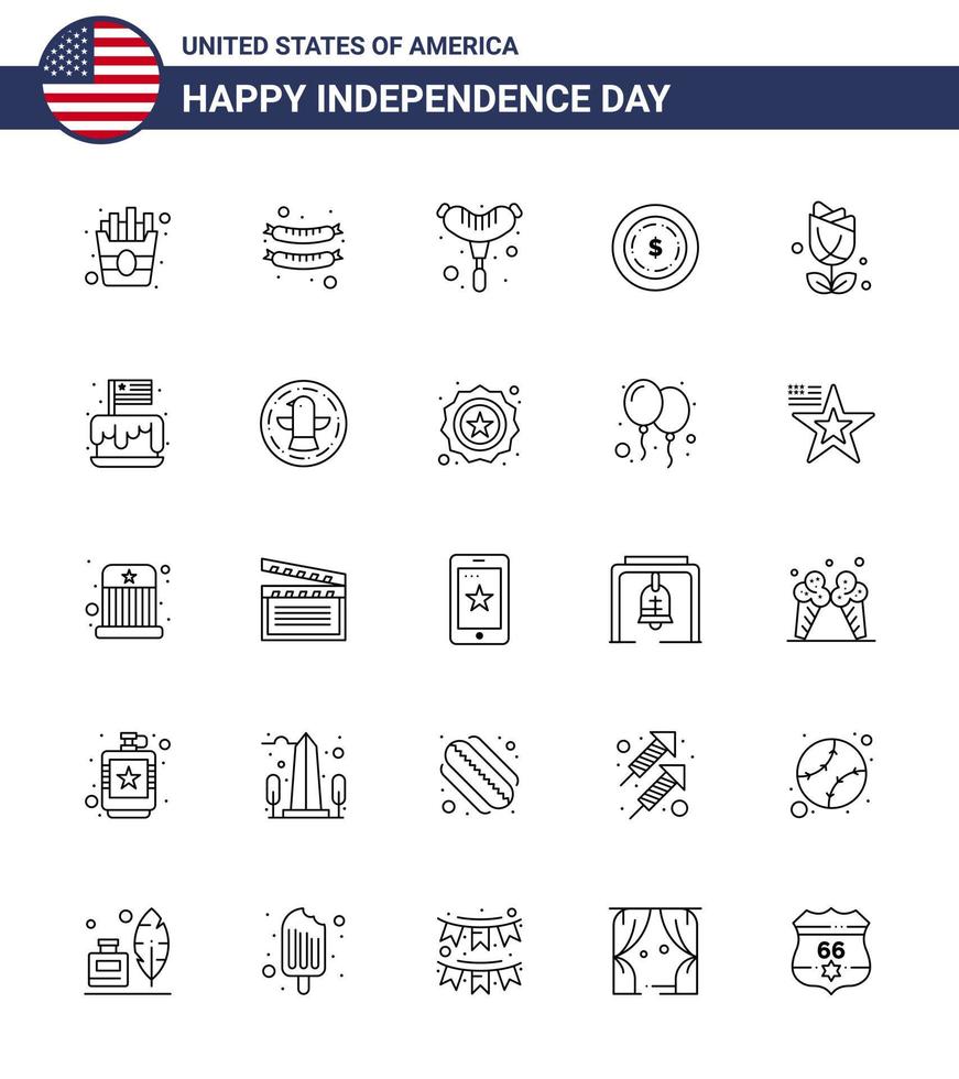 25 Zeilenzeichen für den Unabhängigkeitstag der USA Usa-Unabhängigkeitsmaony-Kuchen plent editierbare Designelemente für den Usa-Tag vektor