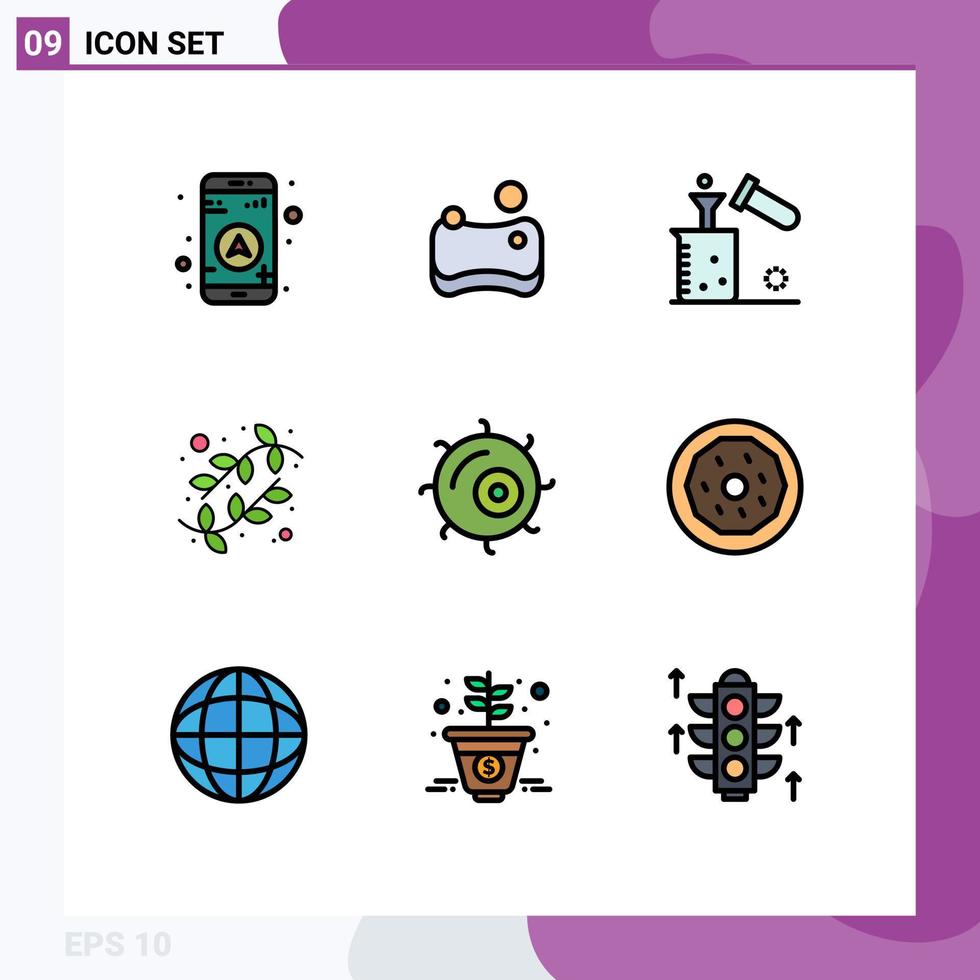 9 universelle Fillline-Flachfarben für Web- und mobile Anwendungen Pflanzenzellchemie Naturkätzchen editierbare Vektordesign-Elemente vektor