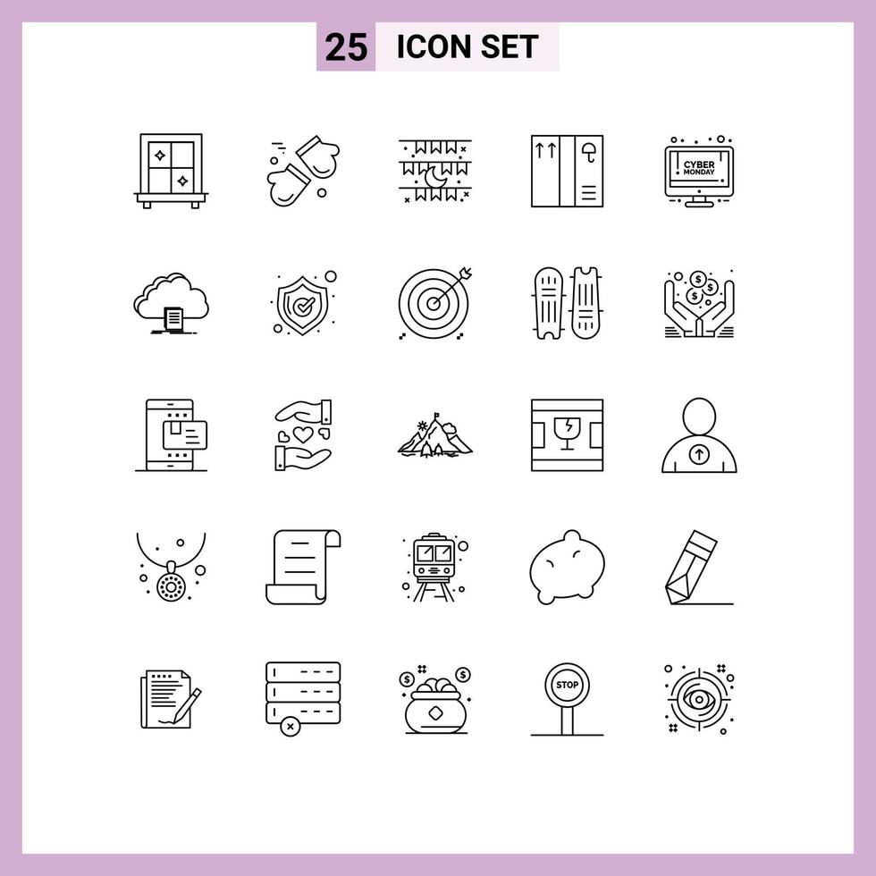 Stock Vector Icon Pack mit 25 Zeilenzeichen und Symbolen für Montags-Rabatt-Flaggen-Online-Shop-Box editierbare Vektordesign-Elemente