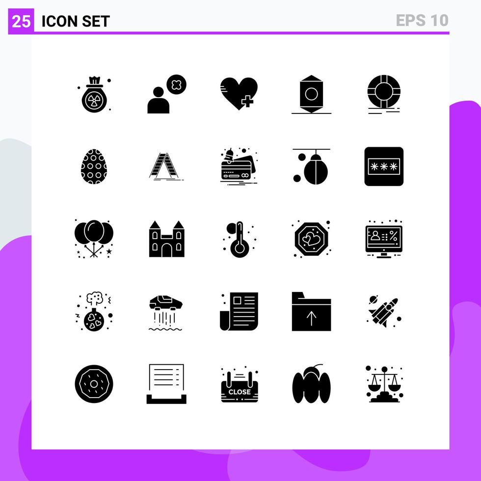 Satz von 25 kommerziellen soliden Glyphen-Packs für Rettungsring-Kreise fügen Wrapper-Lebensmittel-editierbare Vektordesign-Elemente hinzu vektor