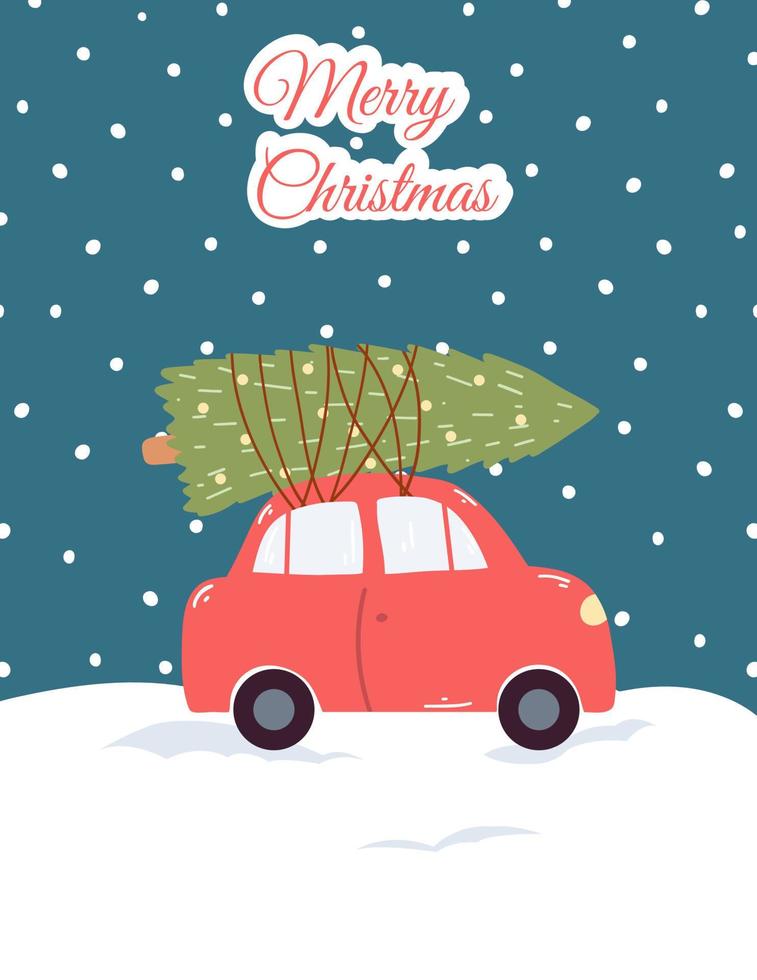 frohe weihnachten grußkarte im flachen karikaturstil. hand gezeichnete vektorillustration mit rotem auto und weihnachtsbaum auf einem schneebedeckten hintergrund vektor