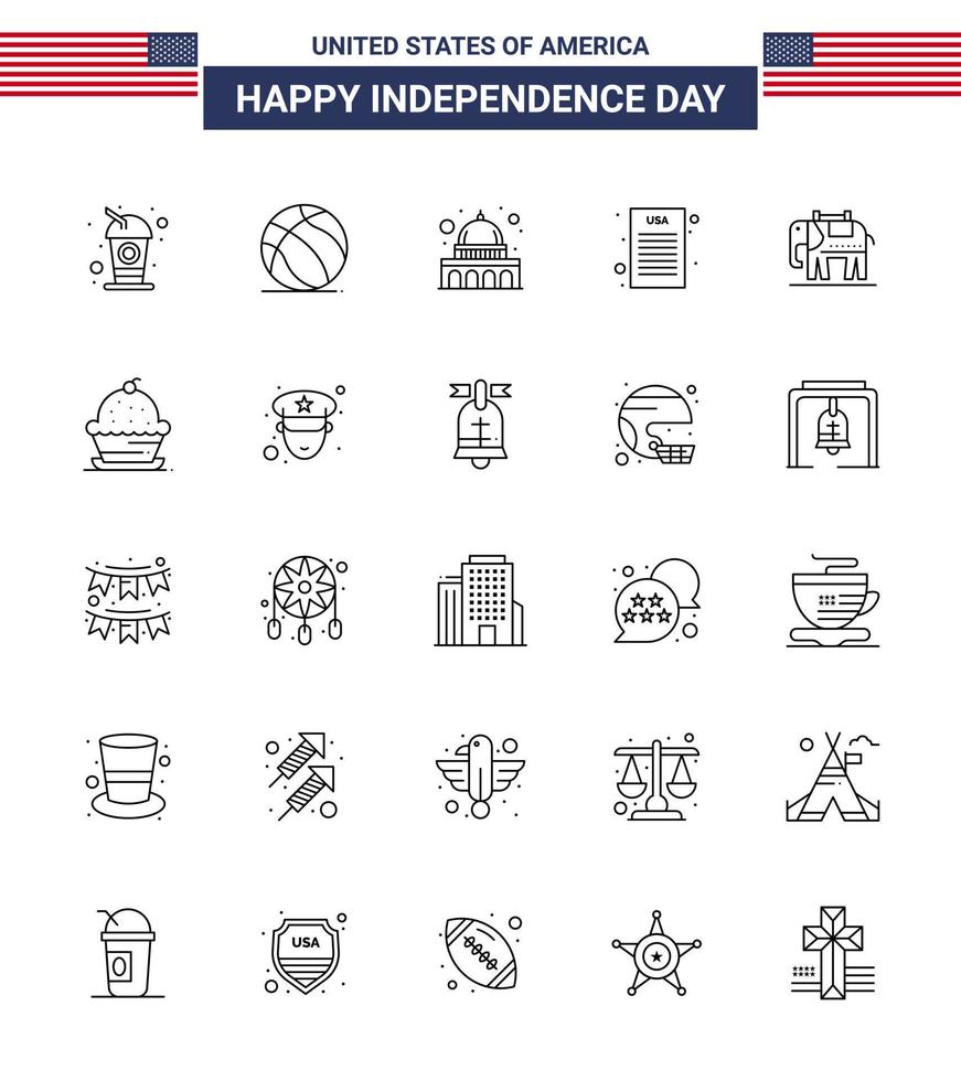 USA Lycklig oberoende dag piktogram uppsättning av 25 enkel rader av USA elefent capitol demokratisk deklaration redigerbar USA dag vektor design element
