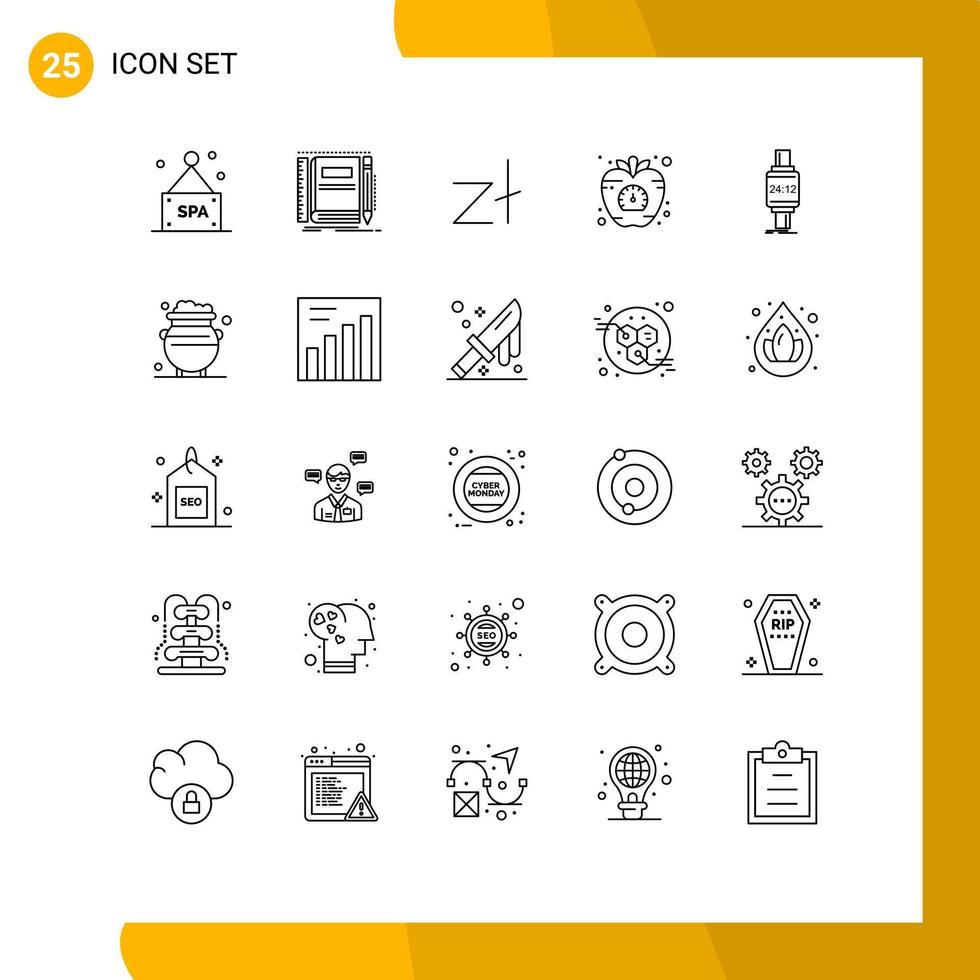25 Benutzeroberflächen-Linienpaket mit modernen Zeichen und Symbolen von Smartwatch-Gemüse-Zloty-Gesundheitsapfel-editierbaren Vektordesignelementen vektor