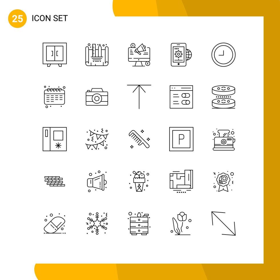 Aktienvektor-Icon-Pack mit 25 Zeilenzeichen und Symbolen für Uhr Globus Social Media Global Business Business editierbare Vektordesign-Elemente vektor