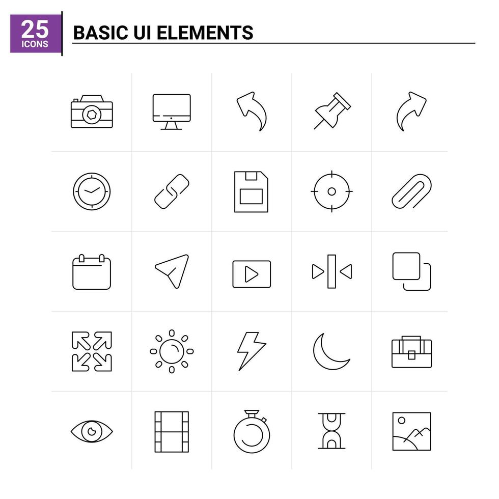 25 grundlegende ui-Elemente Symbolsatz Vektorhintergrund vektor