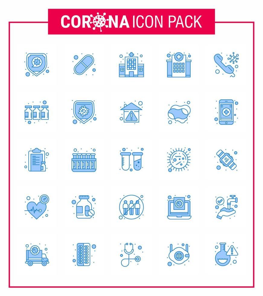 einfacher satz von covid19 schutz blau 25 icon pack icon enthalten anruf medizinisches gesundheitskrankenhaus gebäude virales coronavirus 2019nov krankheitsvektordesignelemente vektor