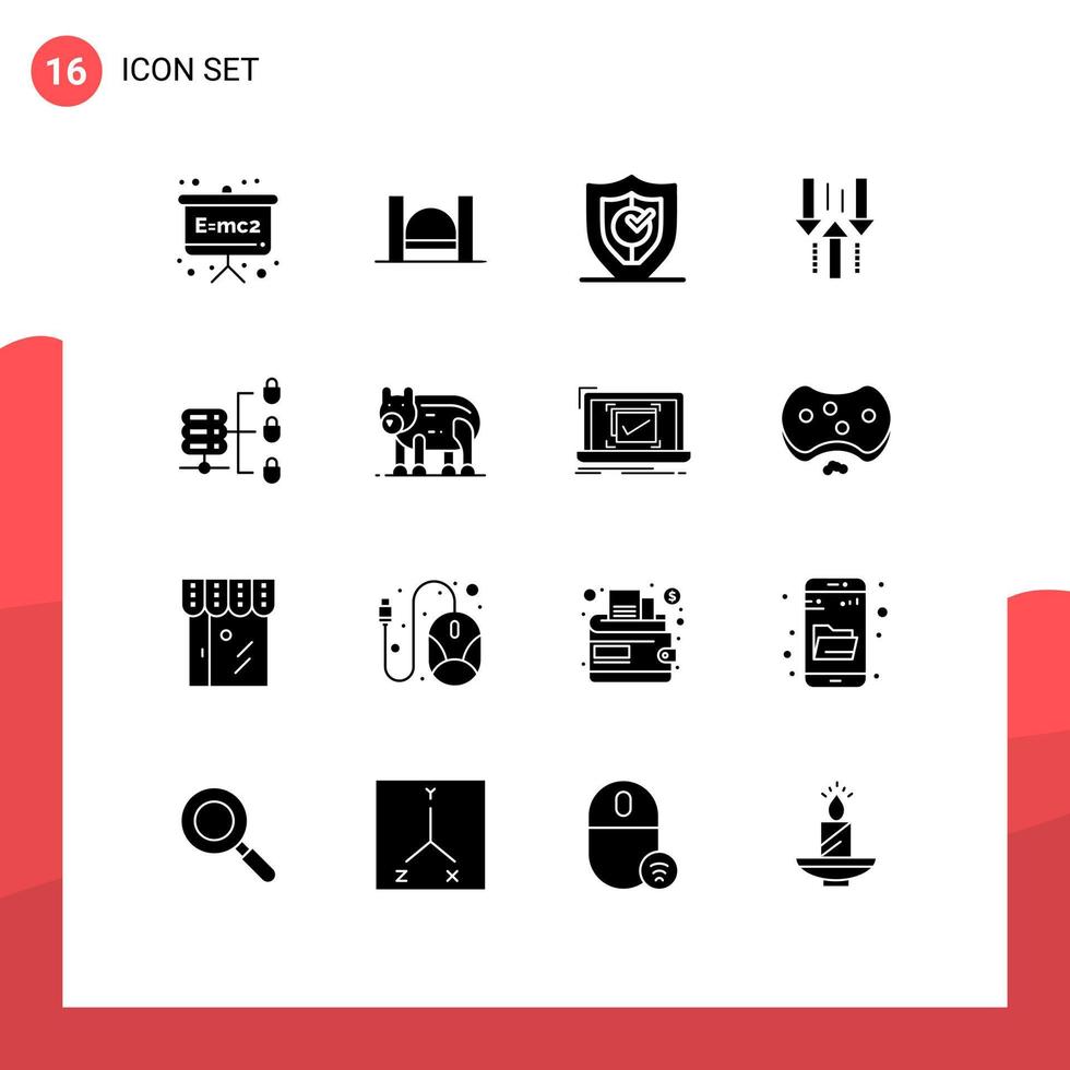 16 solides Glyphenkonzept für mobile Websites und Apps, die sichere bearbeitbare Vektordesignelemente mit Pfeil nach unten hochladen vektor
