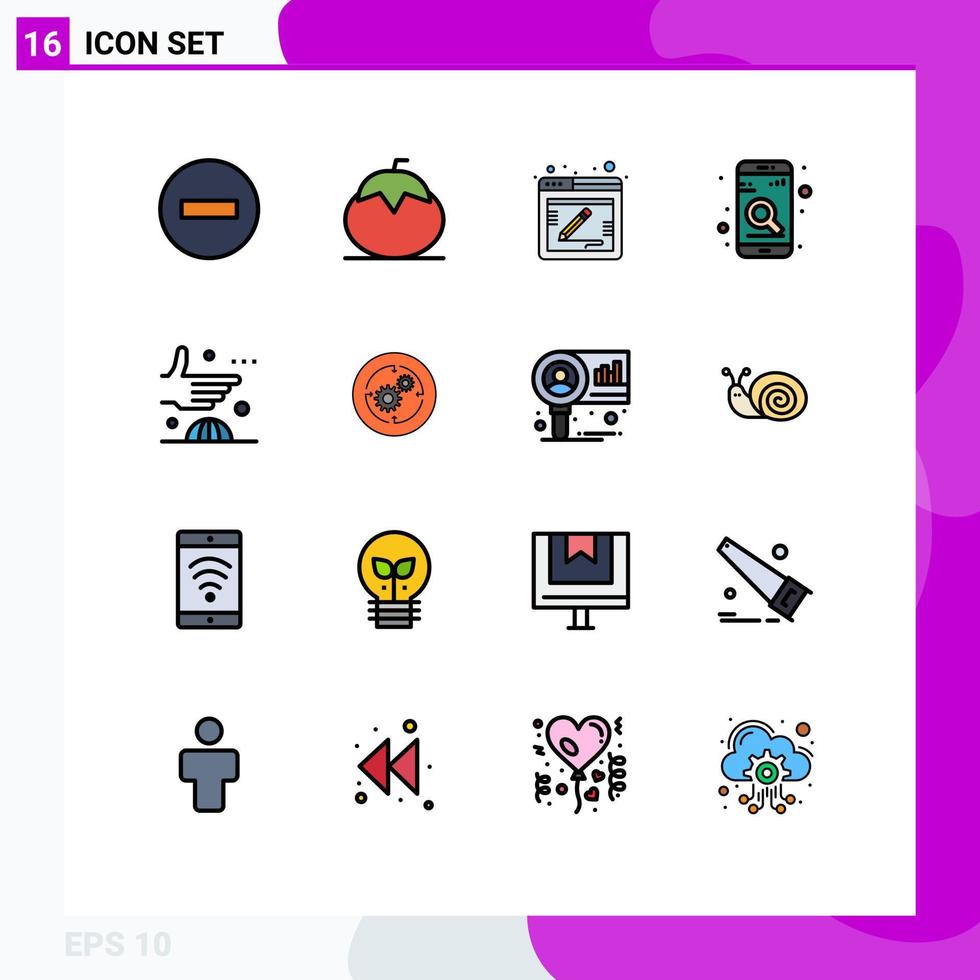 satz von 16 kommerziellen flachen farbgefüllten linienpaket für die suche mobile tomaten-app feedback editierbare kreative vektordesignelemente vektor