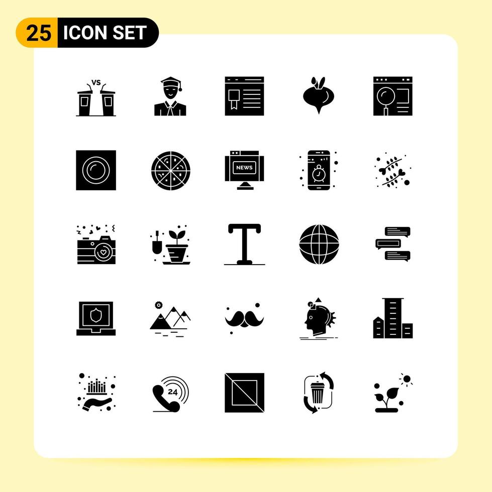 moderner Satz von 25 soliden Glyphen-Piktogrammen von editierbaren Vektordesign-Elementen der Browser-Rübe, die Lebensmittelseite lernt vektor