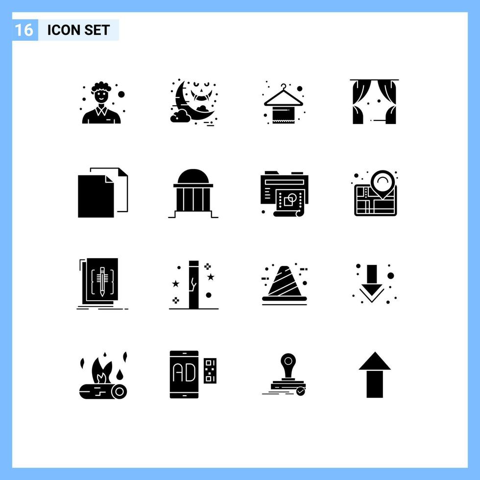 16 universelle solide Glyphenzeichen Symbole des Dokuments usa Kleidung Theater Unterhaltung editierbare Vektordesign-Elemente vektor