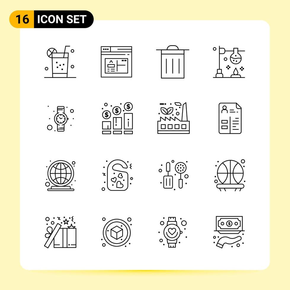 16 kreative Symbole für modernes Website-Design und reaktionsschnelle mobile Apps. 16 Umrisssymbolzeichen auf weißem Hintergrund. 16 Symbolpaket. vektor