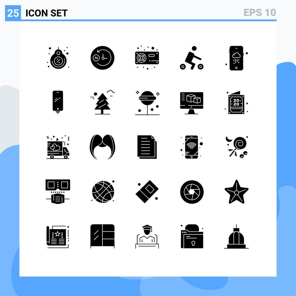 uppsättning av 25 vektor fast glyfer på rutnät för mobil sport dator ridning vga redigerbar vektor design element